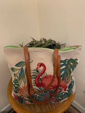 Cappelli Straworld Flamingo Canvas Tote in Pink, Green & Tan